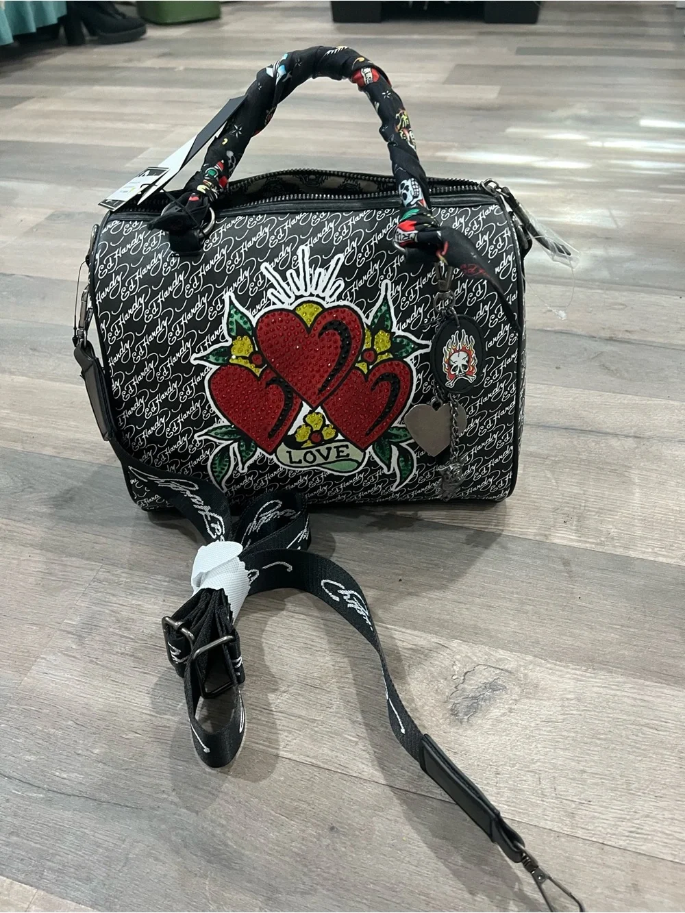 Ed Hardy Black & Red Love Hearts Top-Handle Shoulder Bag
